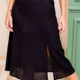 Saia Midi de Linho com Fenda - Preto - Uhnika