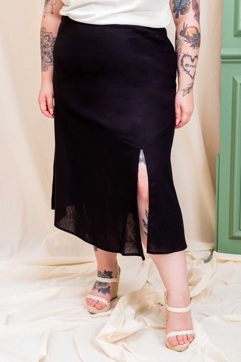 Saia Midi de Linho com Fenda
