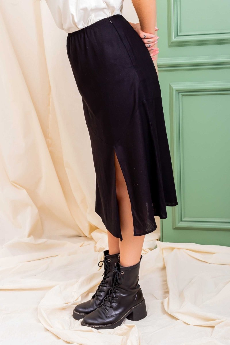 Saia Midi de Linho com Fenda - Preto - Uhnika