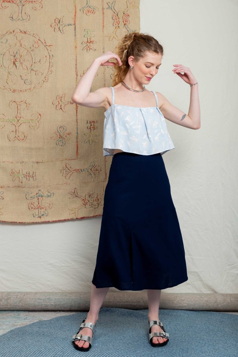 Saia Midi de Linho com Fenda - Azul Marinho - Uhnika