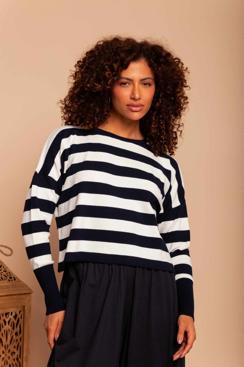 Blusa de Tricot Modal Listrada - Azul Marinho - Uhnika