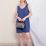 Vestido Curto de Linho Decote V - Azul - Uhnika