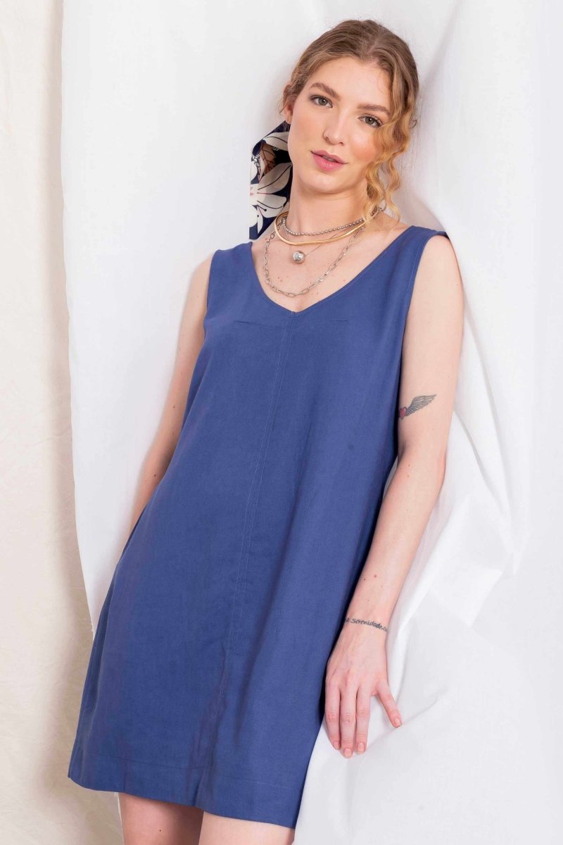 Vestido Curto de Linho Decote V - Azul - Uhnika