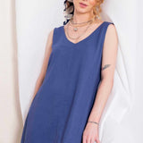 Vestido Curto de Linho Decote V - Azul - Uhnika