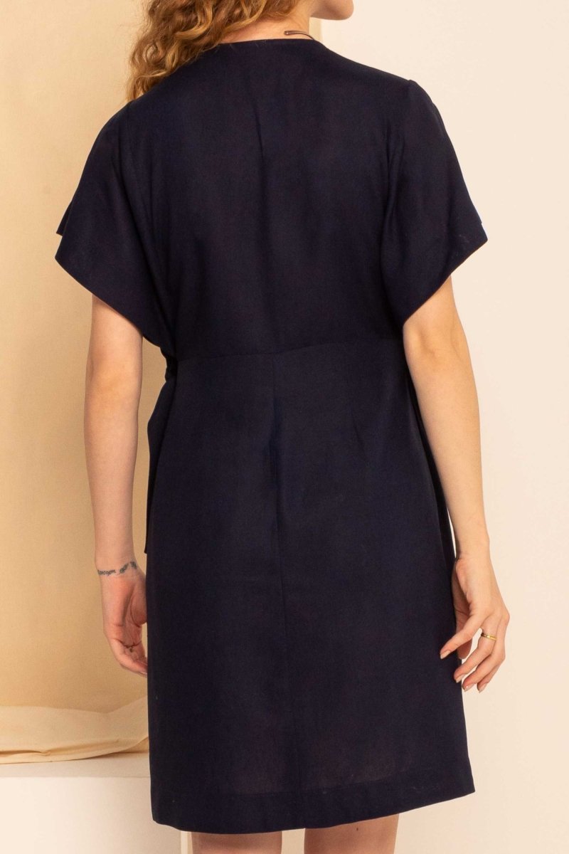 Vestido Curto de Linho Transpassado - Azul Marinho - Uhnika