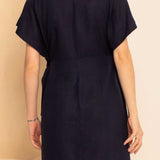 Vestido Curto de Linho Transpassado - Azul Marinho - Uhnika