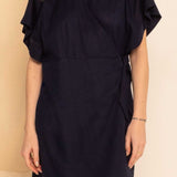 Vestido Curto de Linho Transpassado - Azul Marinho - Uhnika