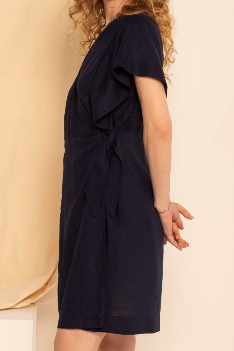 Vestido Curto de Linho Transpassado - Azul Marinho - Uhnika