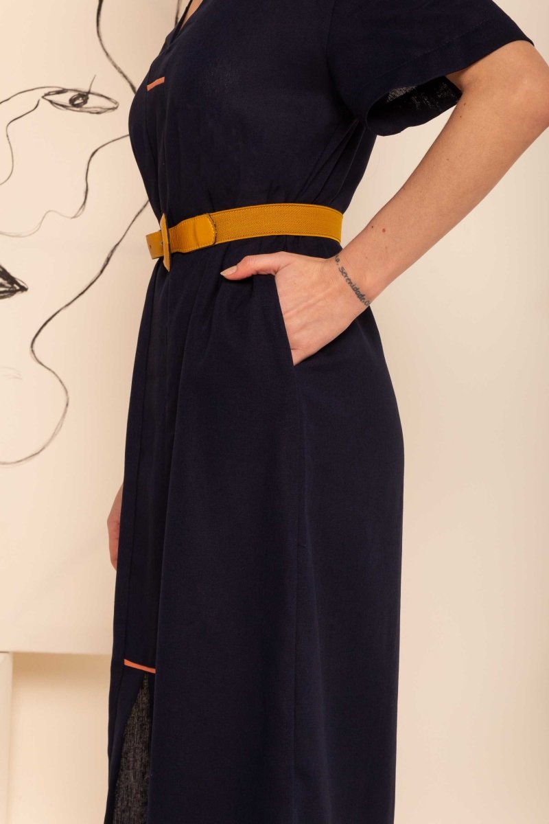 Vestido Feminino Solto de Linho - Azul Marinho - Uhnika