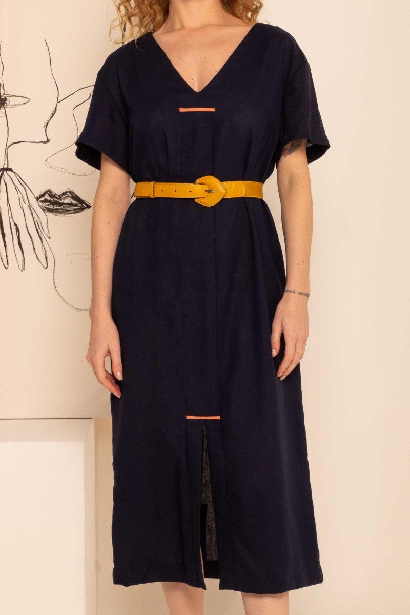 Vestido Feminino Solto de Linho - Azul Marinho - Uhnika