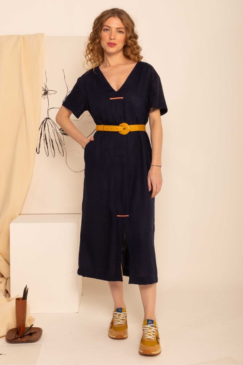 Vestido Feminino Solto de Linho - Azul Marinho - Uhnika