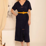 Vestido Feminino Solto de Linho - Azul Marinho - Uhnika