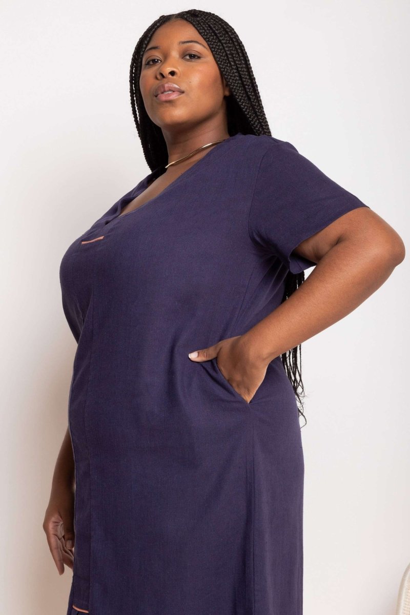 Vestido Feminino Solto de Linho - Azul Marinho - Uhnika
