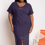 Vestido Feminino Solto de Linho - Azul Marinho - Uhnika