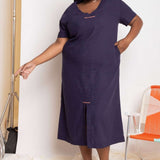 Vestido Feminino Solto de Linho - Azul Marinho - Uhnika