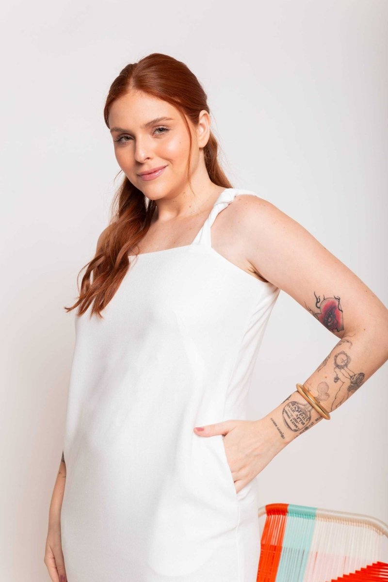 Vestido de Linho Midi com Nó - Off White - Uhnika
