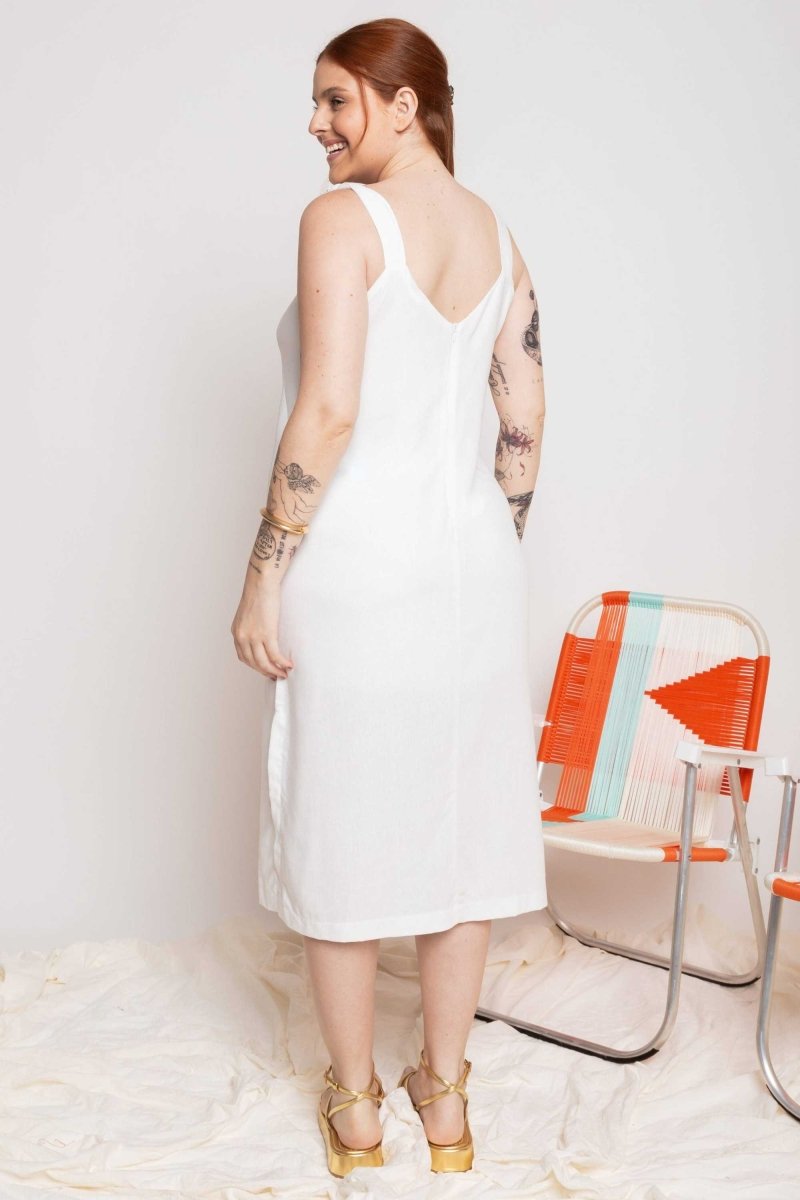 Vestido de Linho Midi com Nó - Off White - Uhnika