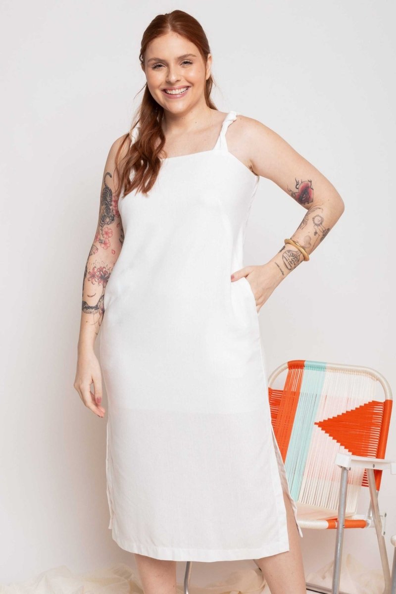 Vestido de Linho Midi com Nó - Off White - Uhnika