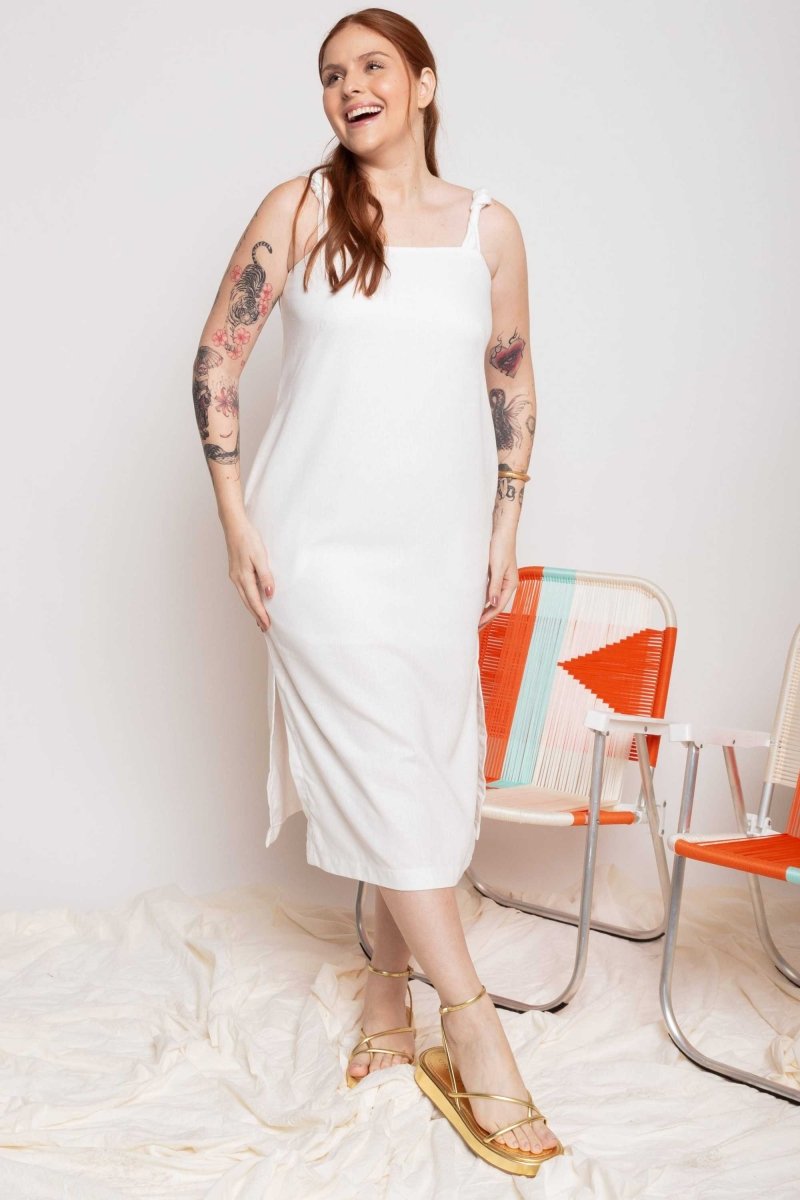 Vestido de Linho Midi com Nó - Off White - Uhnika