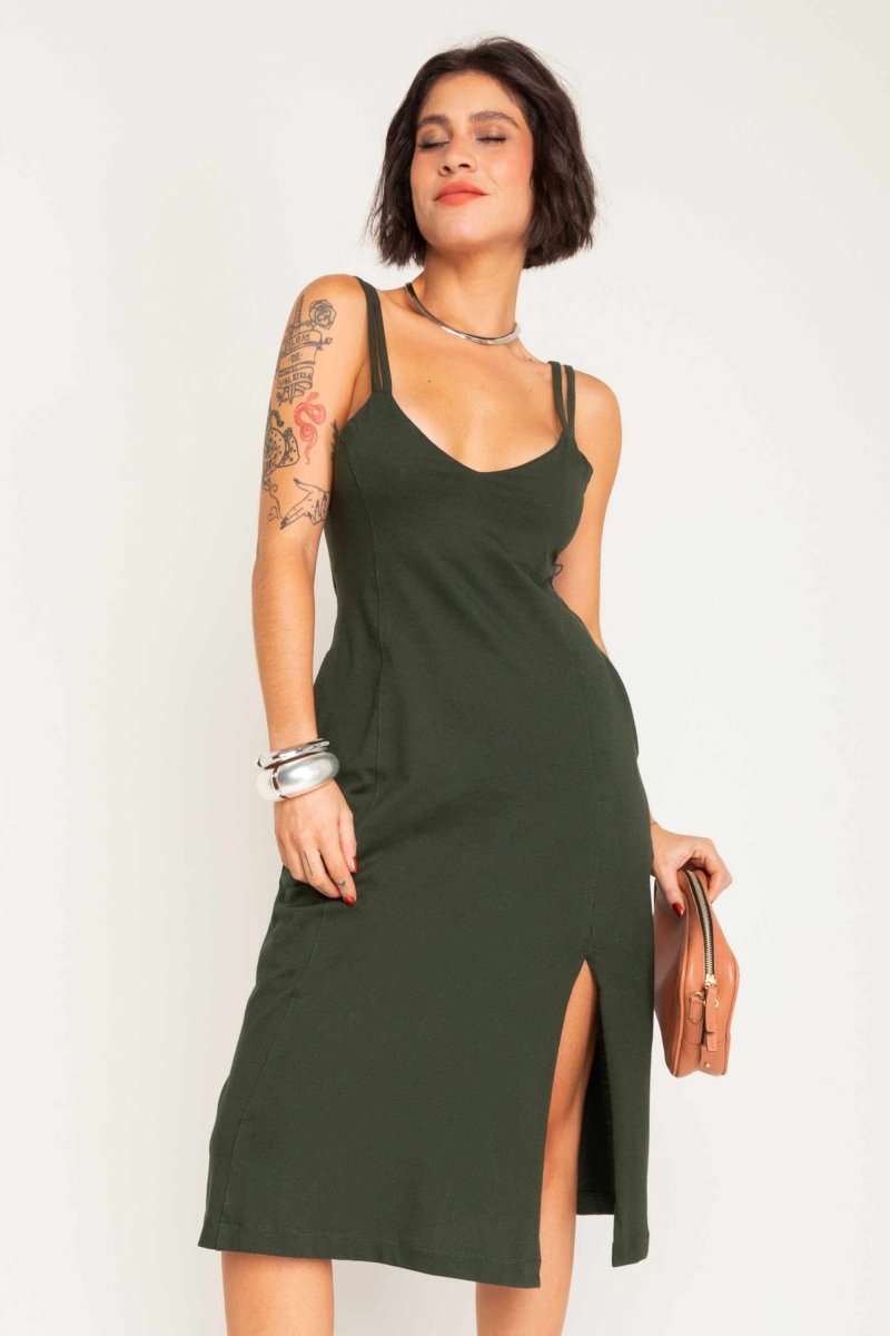 Vestido Midi de Algodão com Fenda - Verde - Uhnika