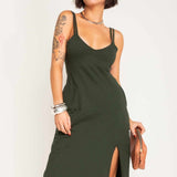 Vestido Midi de Algodão com Fenda - Verde - Uhnika